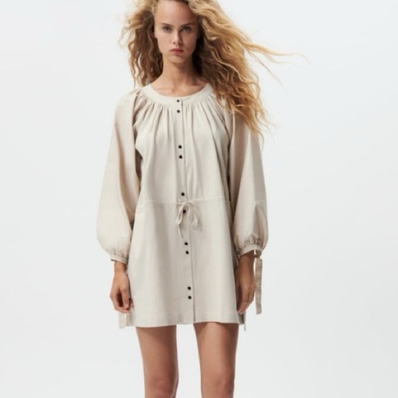 Zara Boho Cream Balloon Sleeves Buttons Mini Shirt Women's Dress Small - Picture 1 of 8